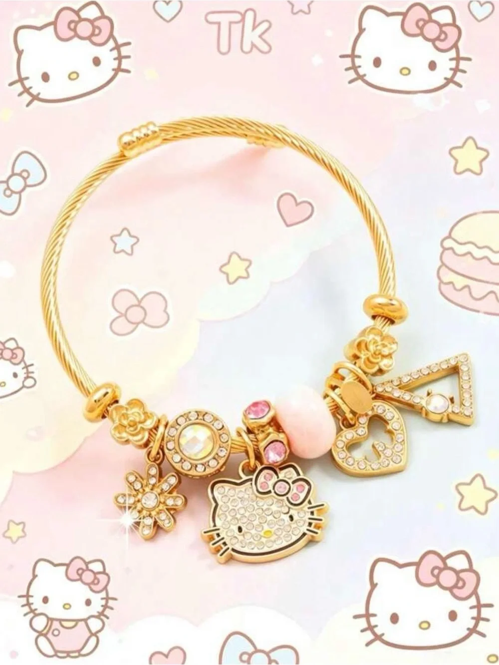 Sanrio Hello Kitty Gold and Pink Crystal Charm Bangle